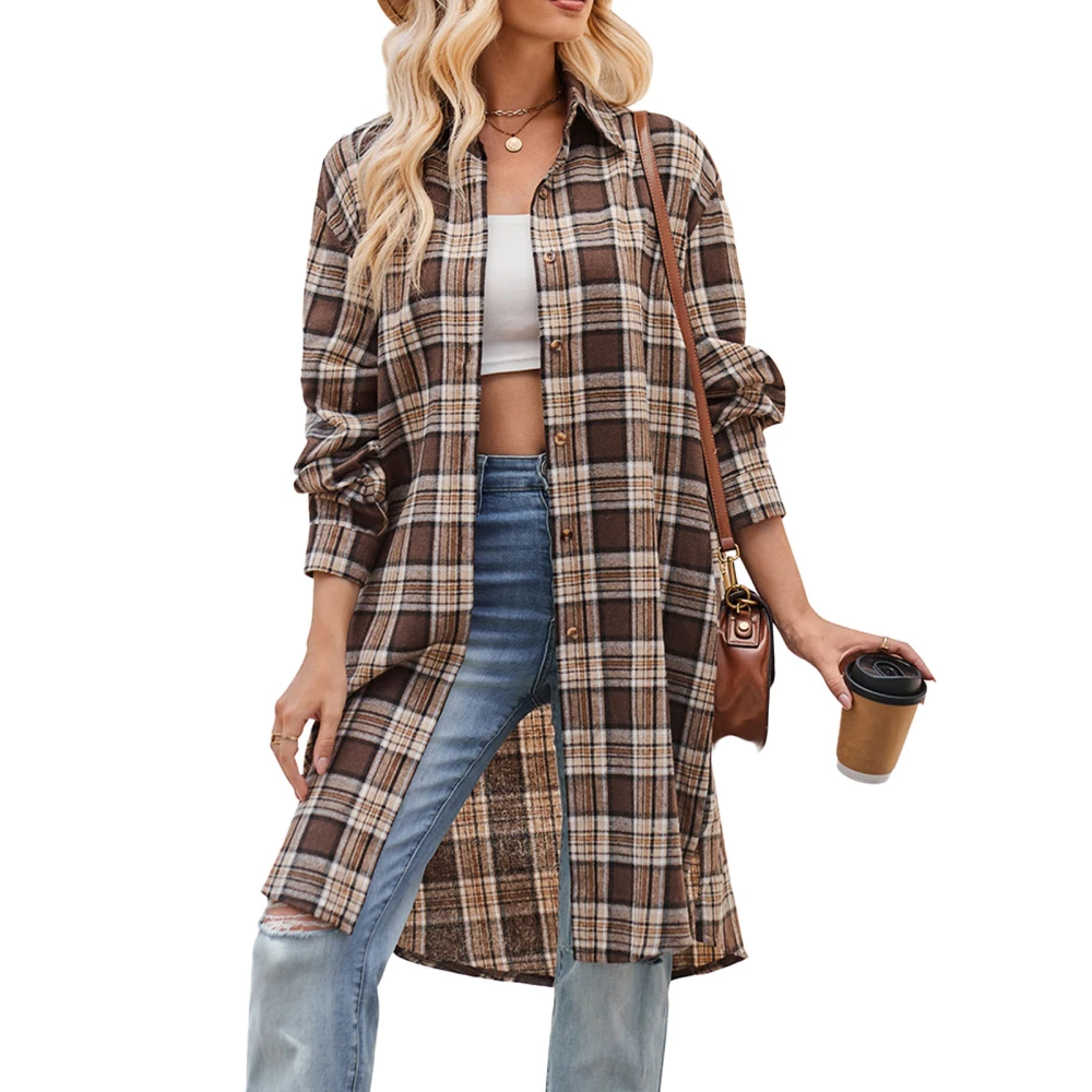 Women Casual Coat Long Sleeve Shacket Turndown Collar Mid Long Plaid Shirt Jacket for Autumn and Winter Brown S