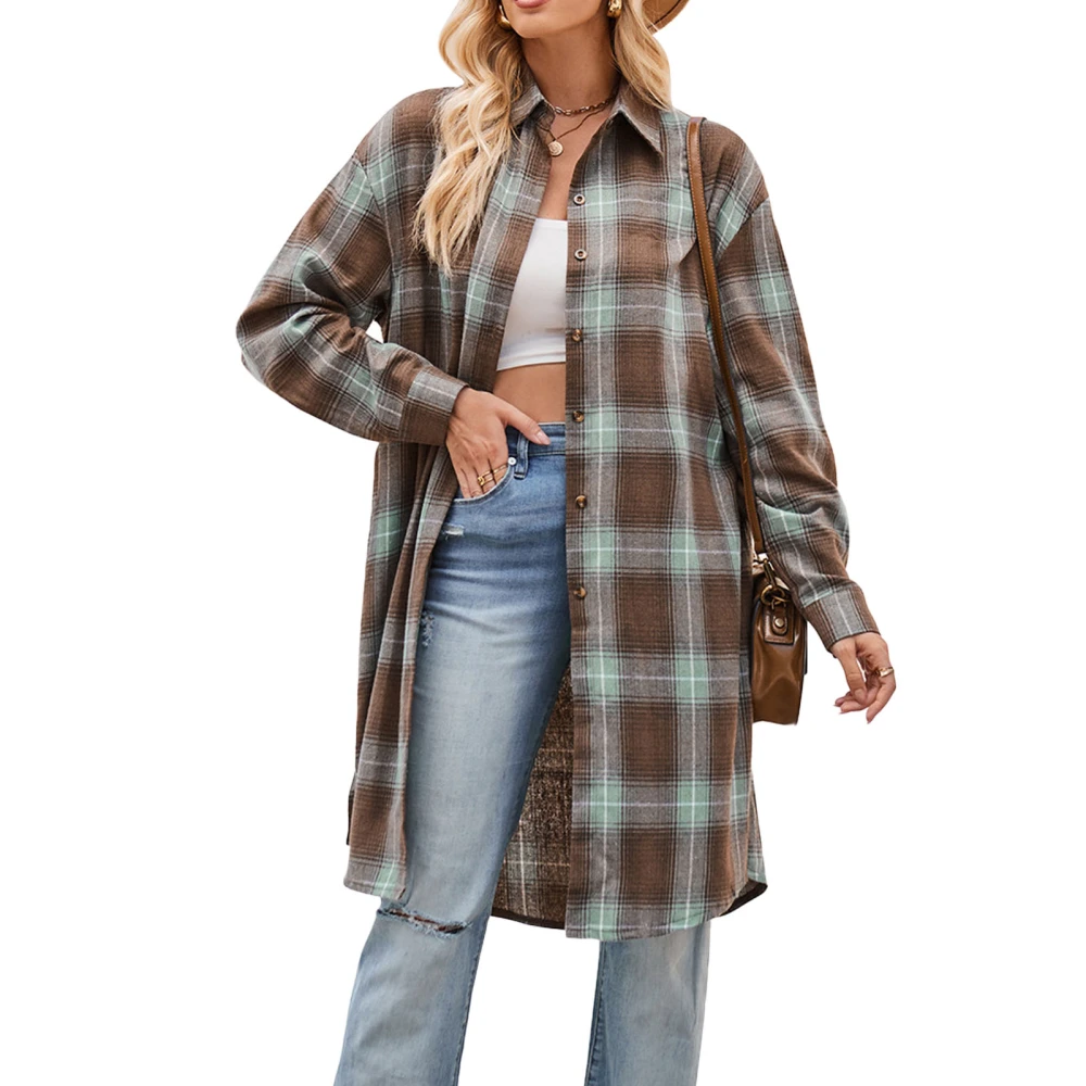 Women Casual Coat Long Sleeve Shacket Turndown Collar Mid Long Plaid Shirt Jacket for Autumn and Winter Brown Green XXL