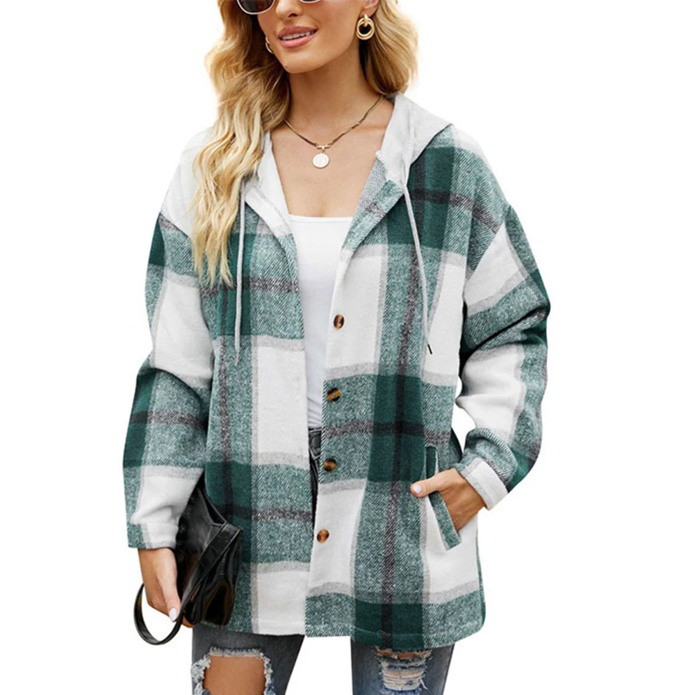 Women Plaid Hoodie Coat Drawstring Casual Fitted Fashionable Plaid Single Breasted Coat Green S