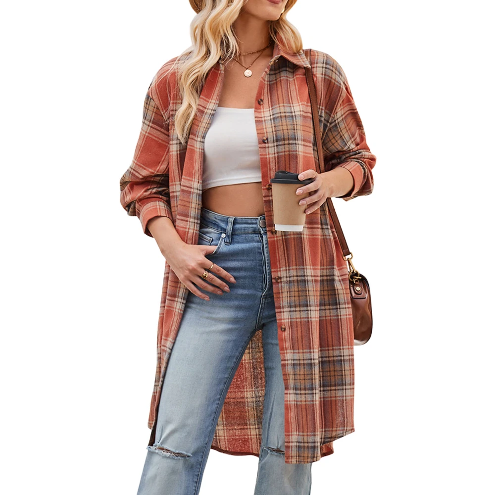 Women Casual Coat Long Sleeve Shacket Turndown Collar Mid Long Plaid Shirt Jacket for Autumn and Winter Caramel Color S