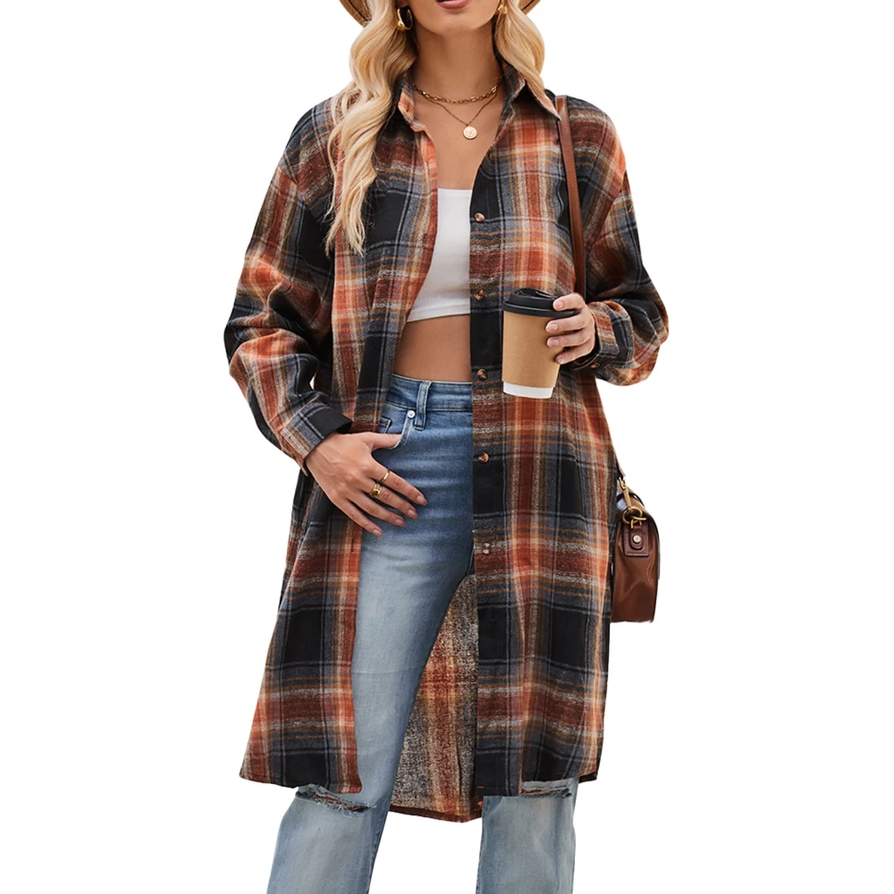 Women Casual Coat Long Sleeve Shacket Turndown Collar Mid Long Plaid Shirt Jacket for Autumn and Winter Khaki Black M