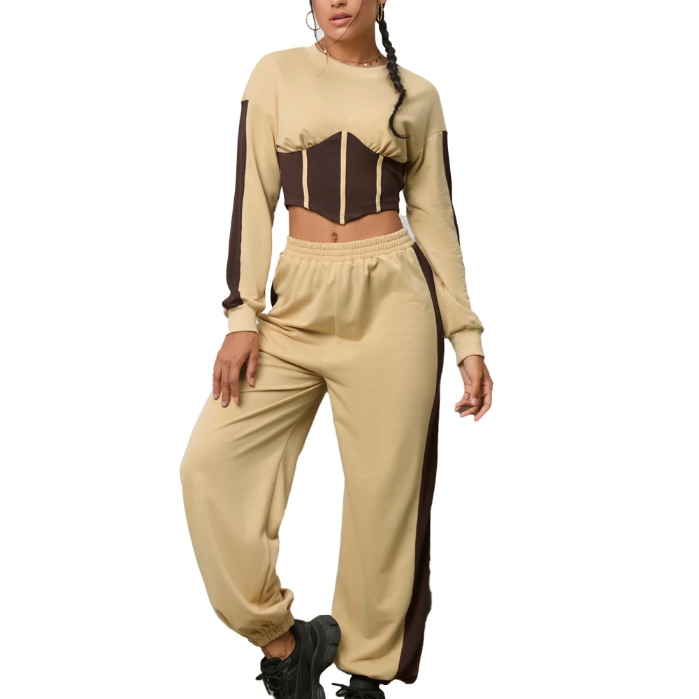 Women Two Piece Tracksuit Set Round Neck Long Sleeves Short T Shirt Loose Fit Long Pants Outwear Earthy Yellow S