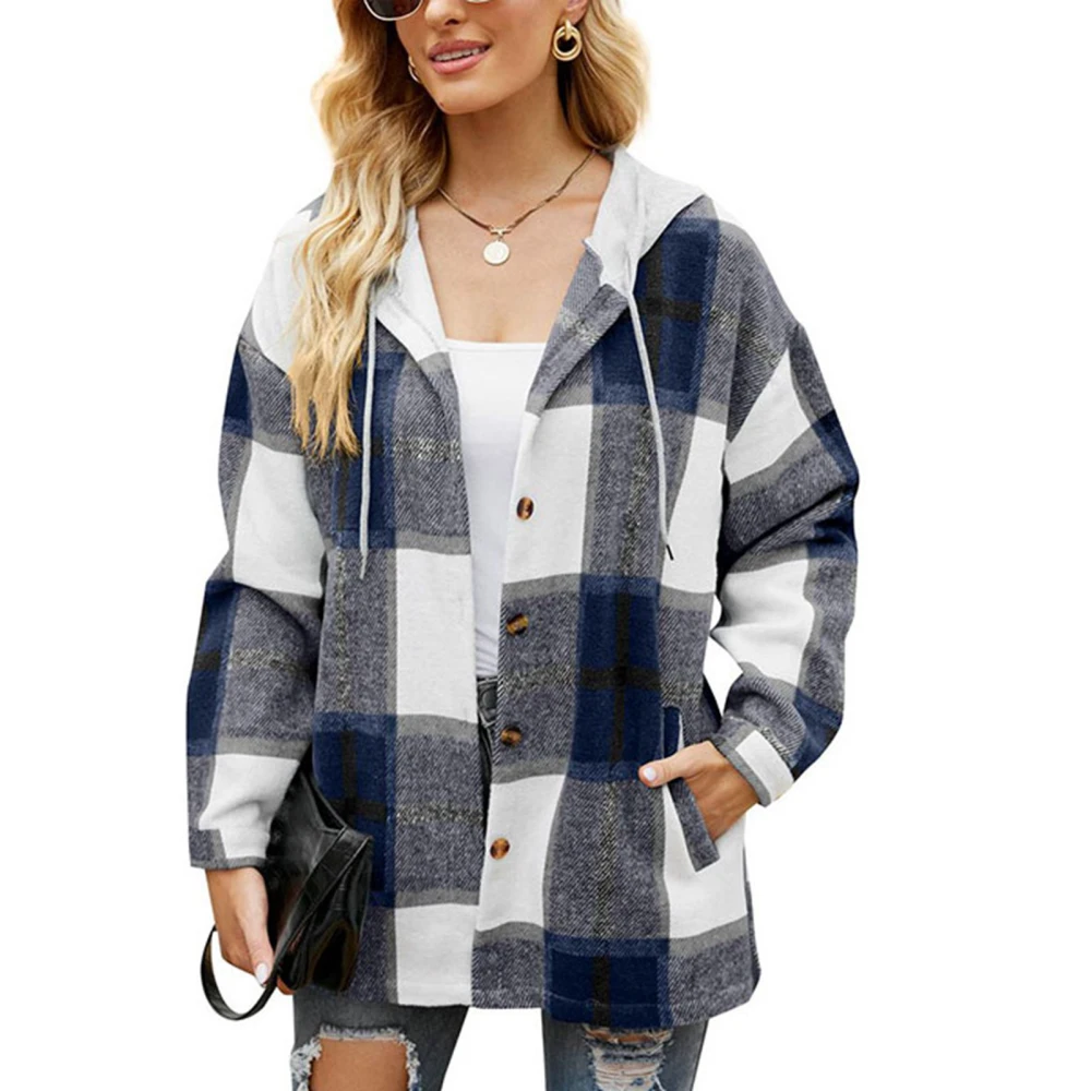 Women Plaid Hoodie Coat Drawstring Casual Fitted Fashionable Plaid Single Breasted Coat Dark Blue XL