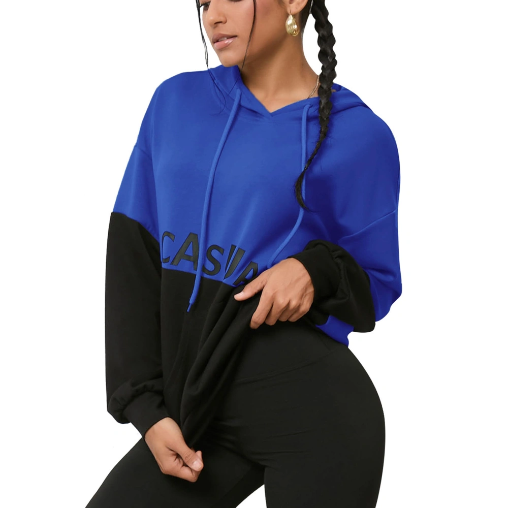 Hoodie Pullover Blouse Drawstring Letter Printed Long Sleeve Hooded Pullover for Autumn Winter Black Blue XL