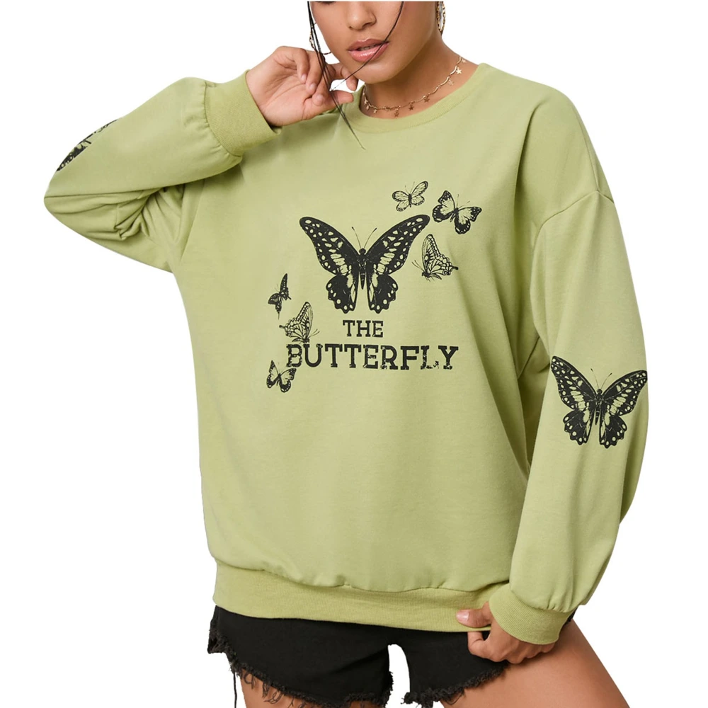 Women Pullover Butterfly Pattern Round Neck Long Sleeve Loose Casual Basic Sweatshirt for Work Daily Holiday Green XXL