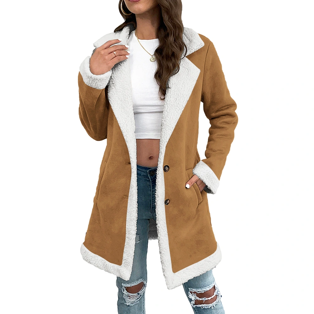 Women Mid Length Fleece Coat Turn Down Collar 2 Button Pockets Long Sleeve Warmth Fleece Coat Brown M