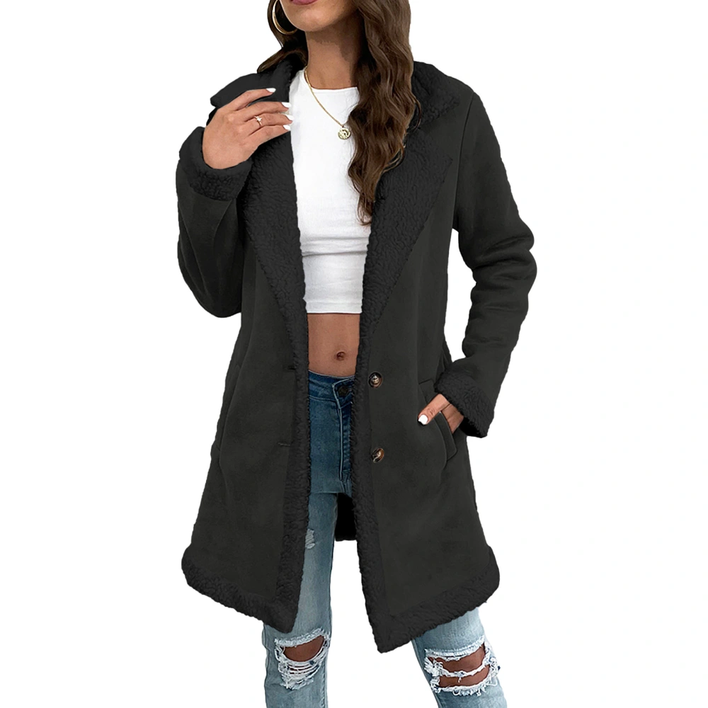 Women Mid Length Fleece Coat Turn Down Collar 2 Button Pockets Long Sleeve Warmth Fleece Coat Black M