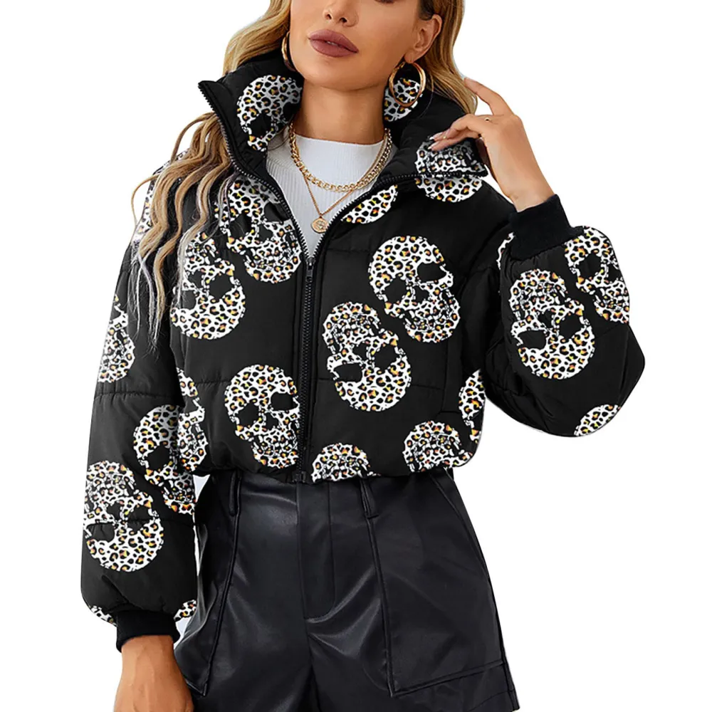 Women Long Sleeve Zip Up Puffer Jacket Fashionable Stand Collar Print Elastic Waist Short Padded Coat Black L