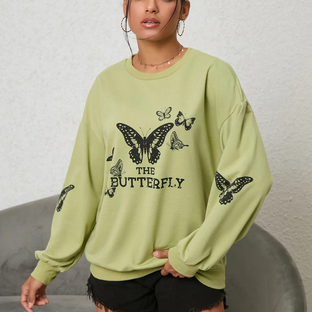 Women Pullover Butterfly Pattern Round Neck Long Sleeve Loose Casual Basic Sweatshirt for Work Daily Holiday Green L