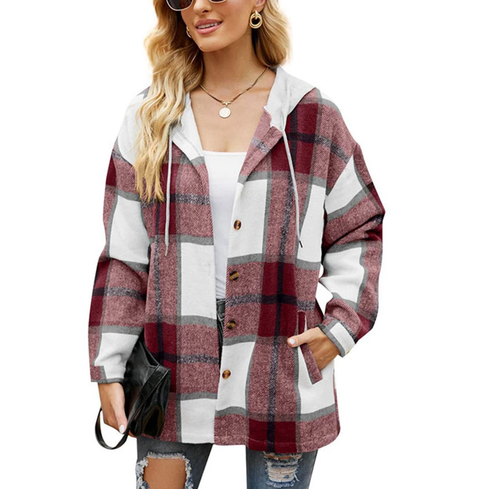 Women Plaid Hoodie Coat Drawstring Casual Fitted Fashionable Plaid Single Breasted Coat Burgundy L