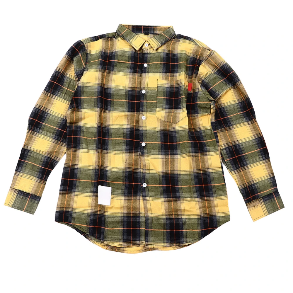 Men Plaid Shirt Loose Plaid Pocket Long Sleeve Dress Shirt Turn Down Collar Soft Breathable All Match Top Yellow L 110.2‑126.8lb