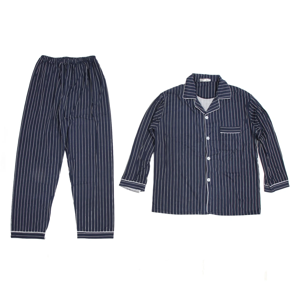 Men Pajamas Set Long Sleeve Turn Down Collar Cozy Button Up Casual Loungewear Sleepwear Dark Blue Striped L