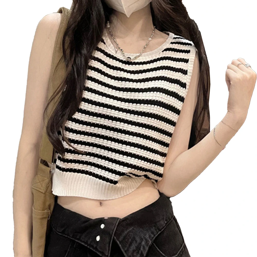 Women Striped Knit Sleeveless Top Casual Slim Fit Breathable Knitted Pullover Tank Top White Free Size