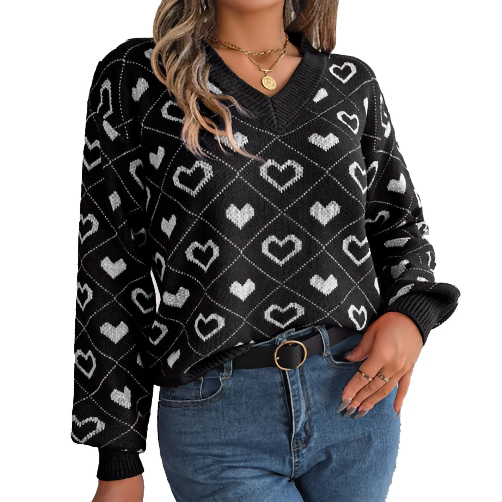 Women Sweater V Neck Drop Shoulder Stylish Heart Pattern Pullover Knitwear for Dating Work School Black S