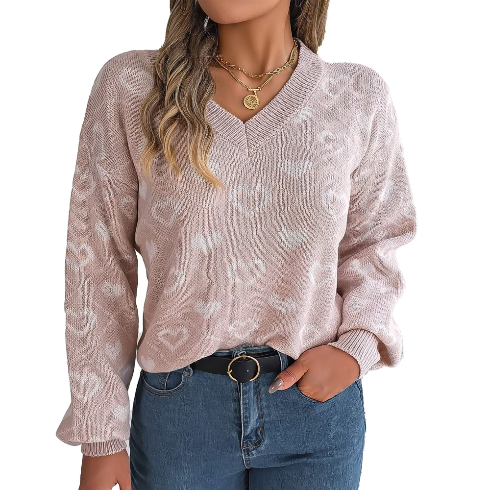 Women Sweater V Neck Drop Shoulder Stylish Heart Pattern Pullover Knitwear for Dating Work School Pink L