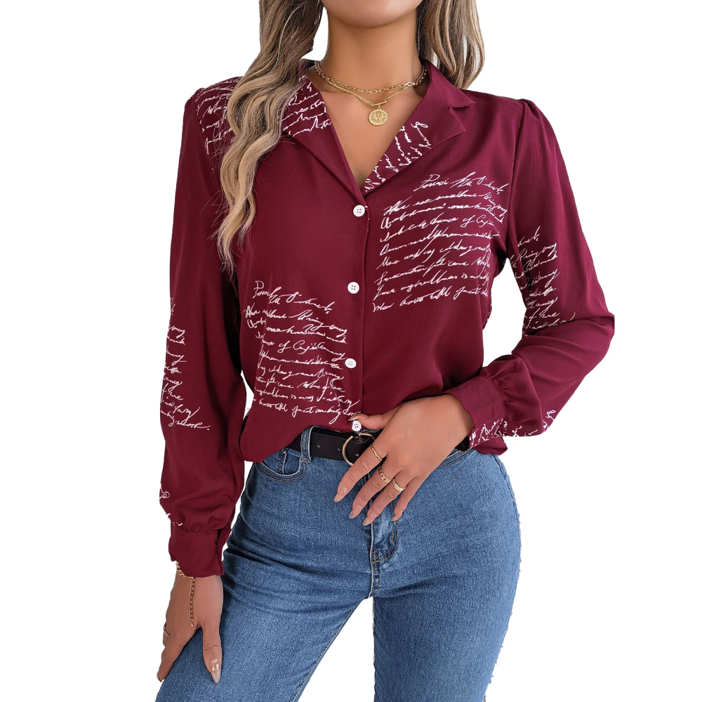 Women Long Sleeve Letter Print Shirt Casual Fashionable Turn Down Collar Button Up Blouse Top for Work Burgundy M