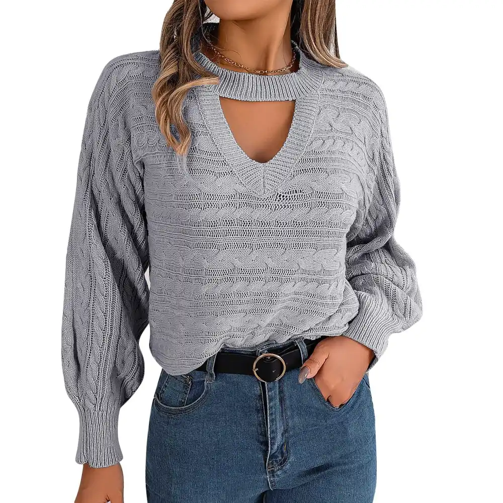 Long Lantern Sleeve Sweater Women Stylish Plain Color Crewneck Cutout Pullover Cable Knit Shirt Top Grey M