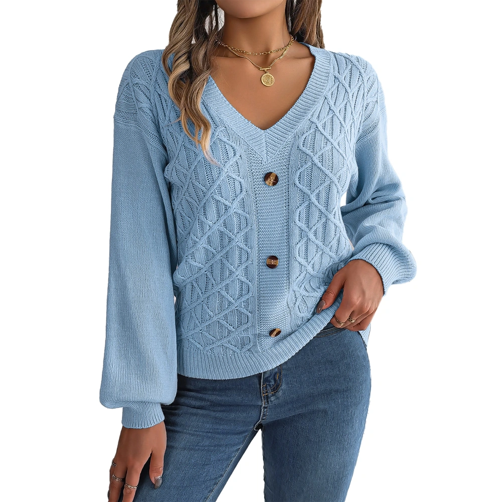 Long Lantern Sleeve V Neck Sweater Women Drop Shoulder Button Decor Pullover Cable Knit Shirt Top Light Blue M