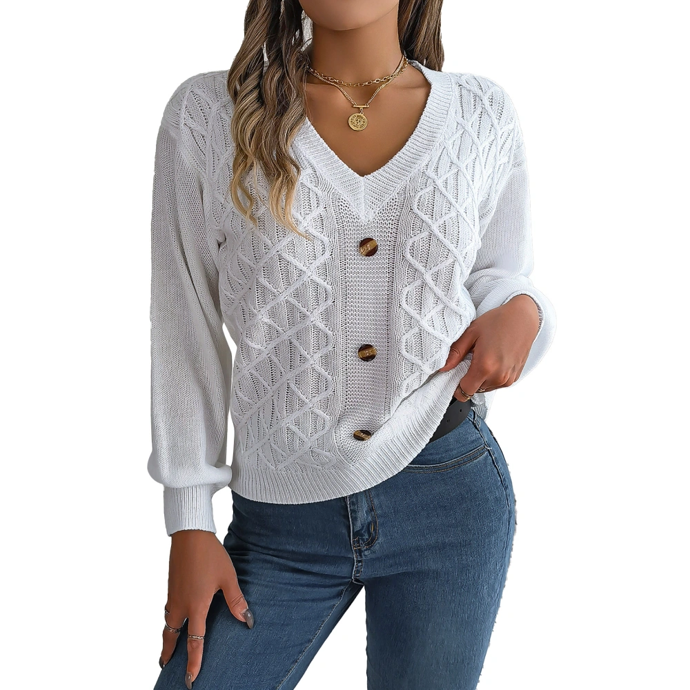 Long Lantern Sleeve V Neck Sweater Women Drop Shoulder Button Decor Pullover Cable Knit Shirt Top White M