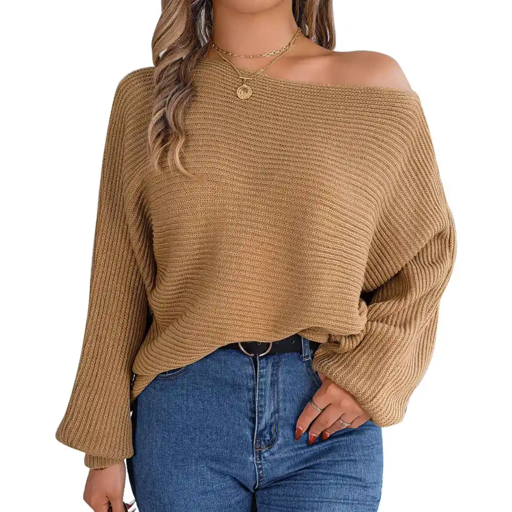 Cold Shoulder Knit Sweater Pure Color Long Sleeve Knitted Fashionable Casual Pullover Sweater for Women Khaki L