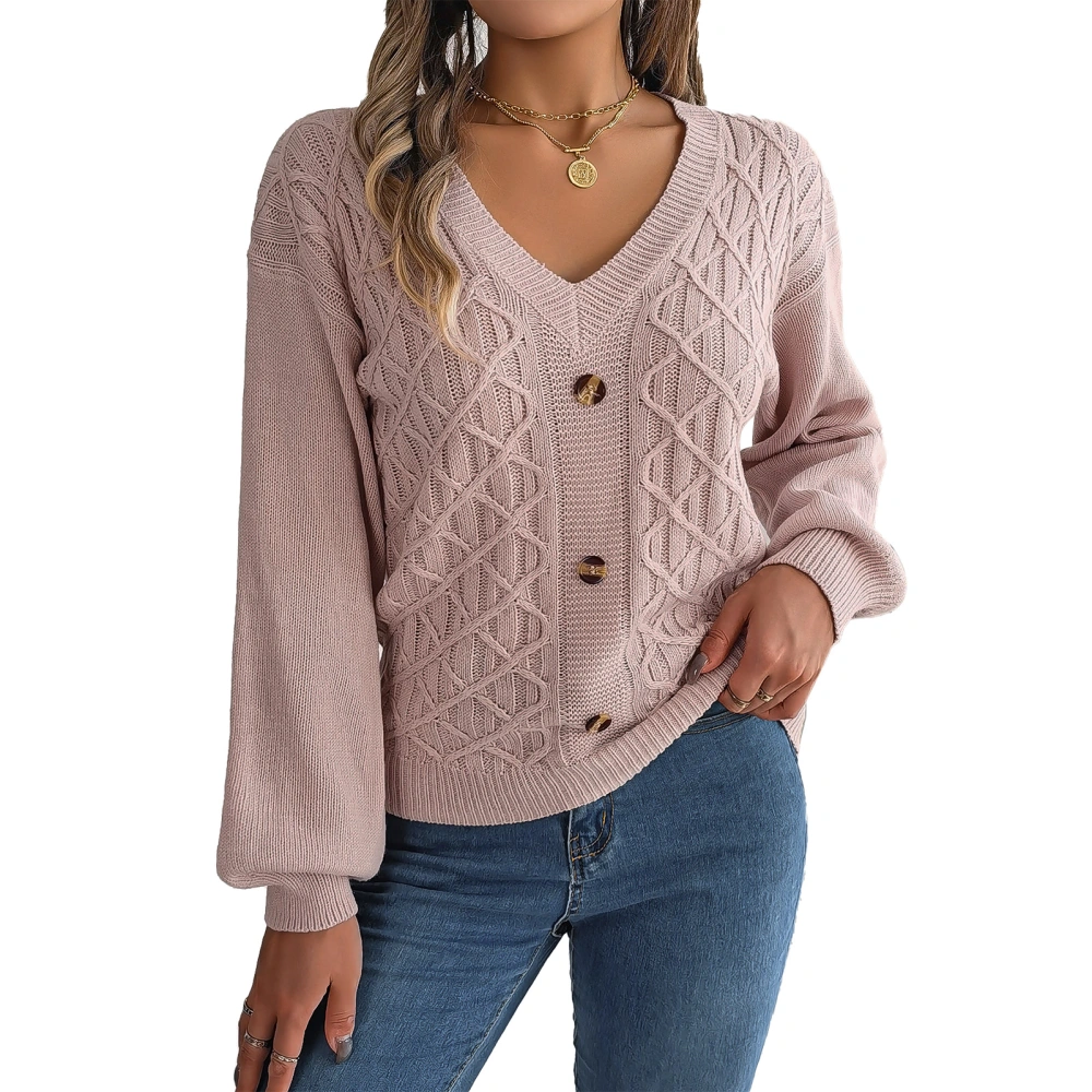 Long Lantern Sleeve V Neck Sweater Women Drop Shoulder Button Decor Pullover Cable Knit Shirt Top Pink L