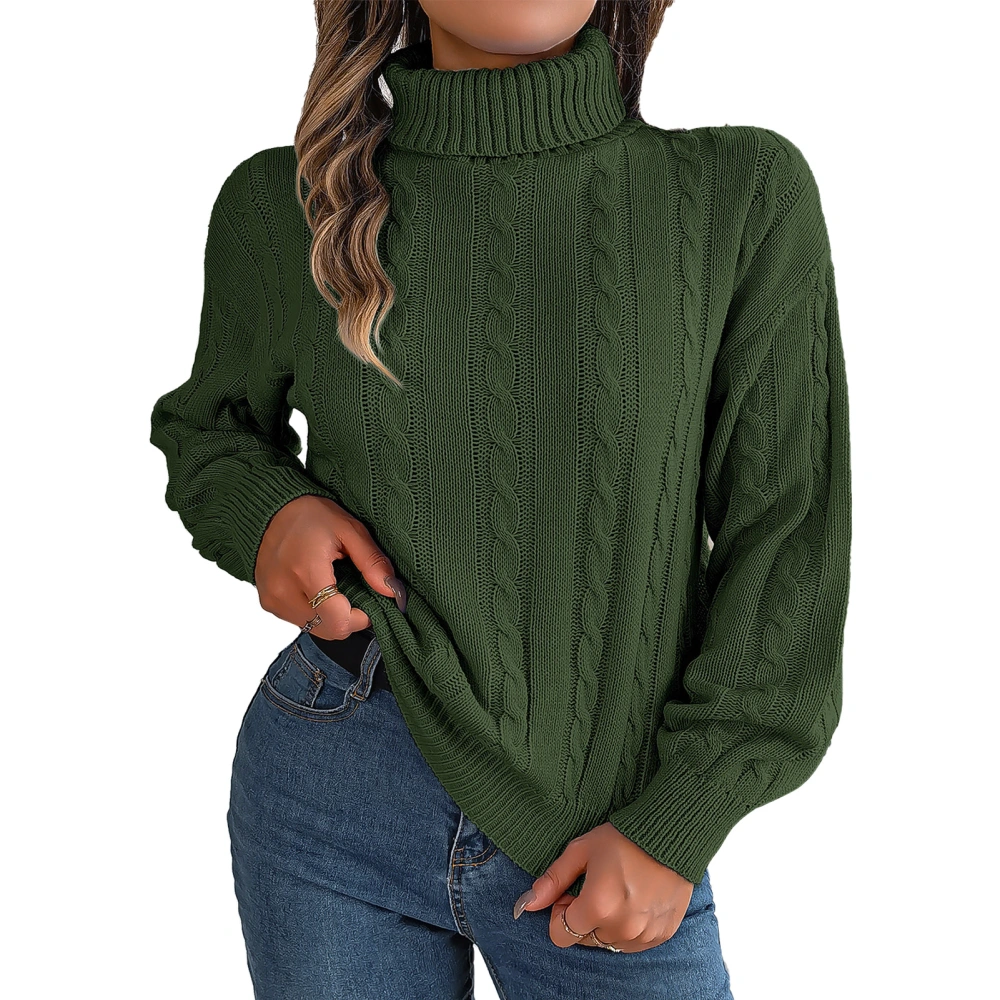 Turtleneck Cable Knit Sweater Plain Color Drop Shoulder Long Sleeve Knitted Sweater for Women OD Green S