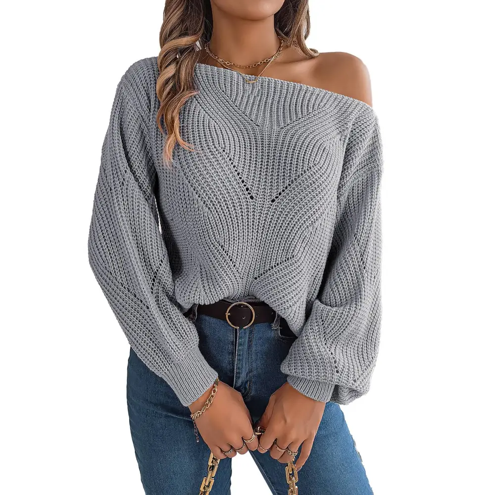 Women Off Shoulder Knit Pullovers Loose Long Sleeve Cable Knit Oversized Sweaters Tops Grey S