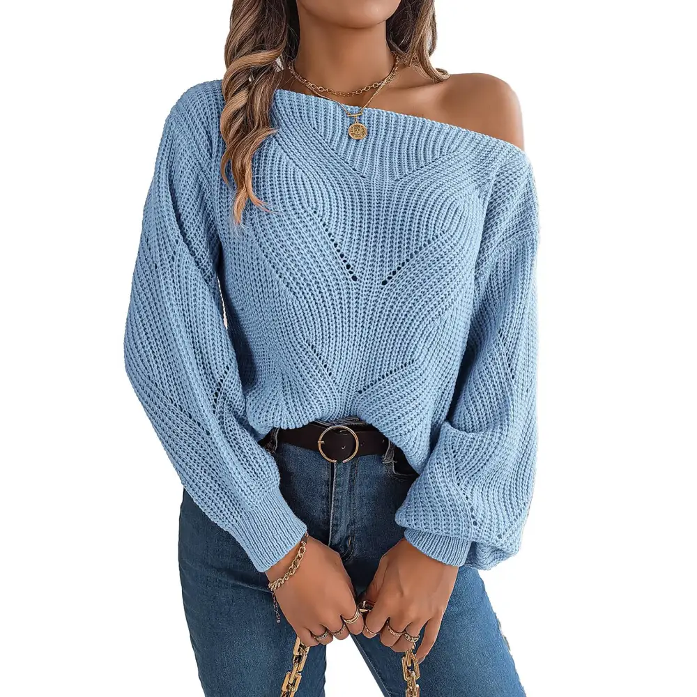 Women Off Shoulder Knit Pullovers Loose Long Sleeve Cable Knit Oversized Sweaters Tops Blue M