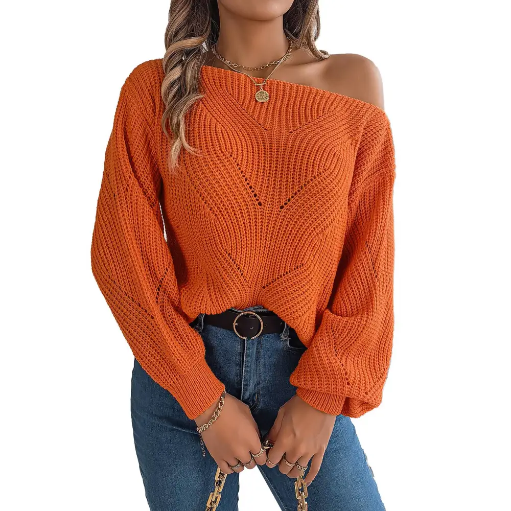 Women Off Shoulder Knit Pullovers Loose Long Sleeve Cable Knit Oversized Sweaters Tops Orange S