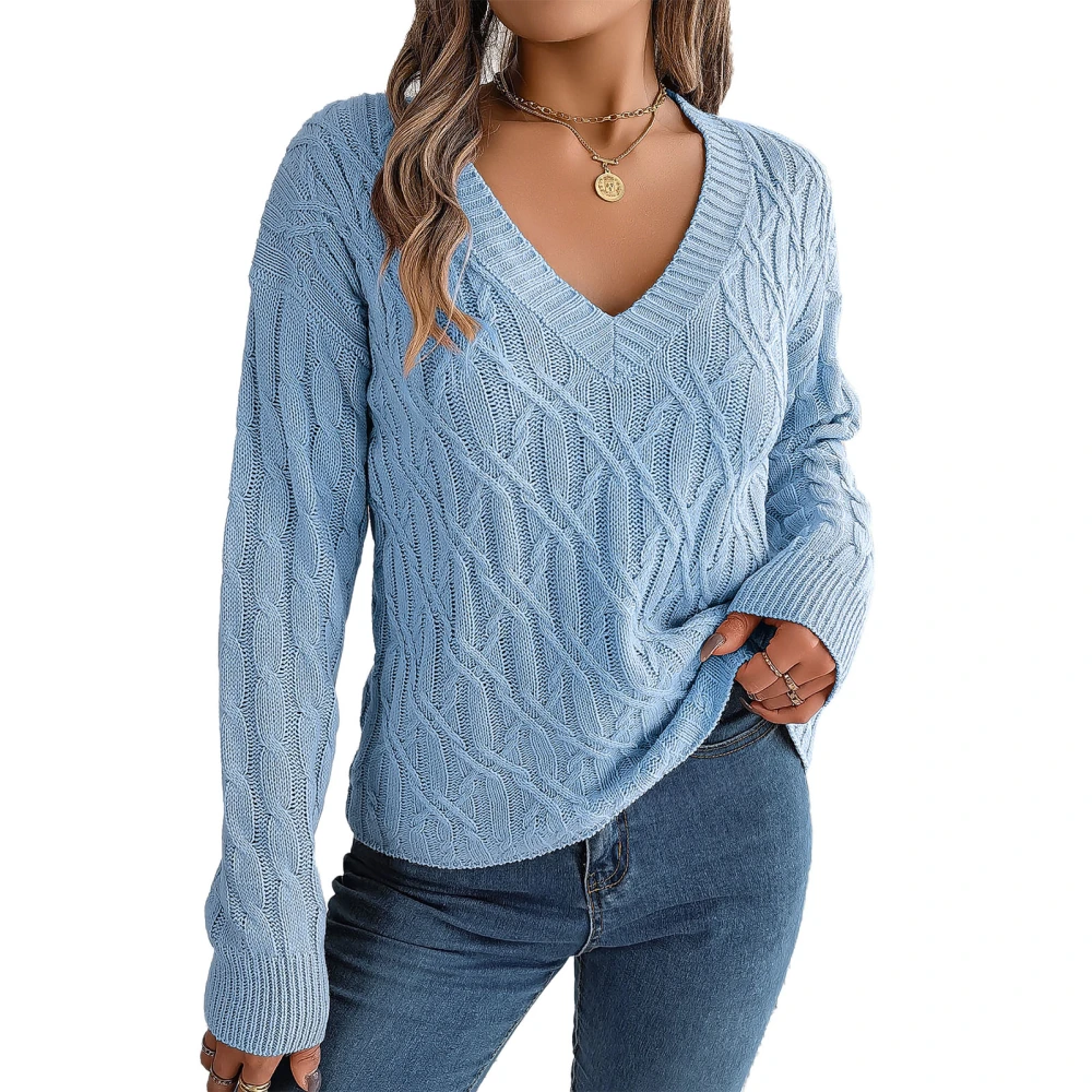 Women V Neck Sweater Long Sleeve Pure Color Casual Loose Fit Cable Knit Pullover for Daily Wear Blue L