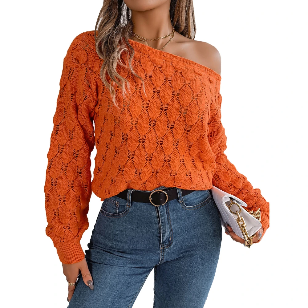 Women Hollow Sweater One Shoulder Relax Fit Cozy Long Sleeve Pullover Knit Sweater Orange L