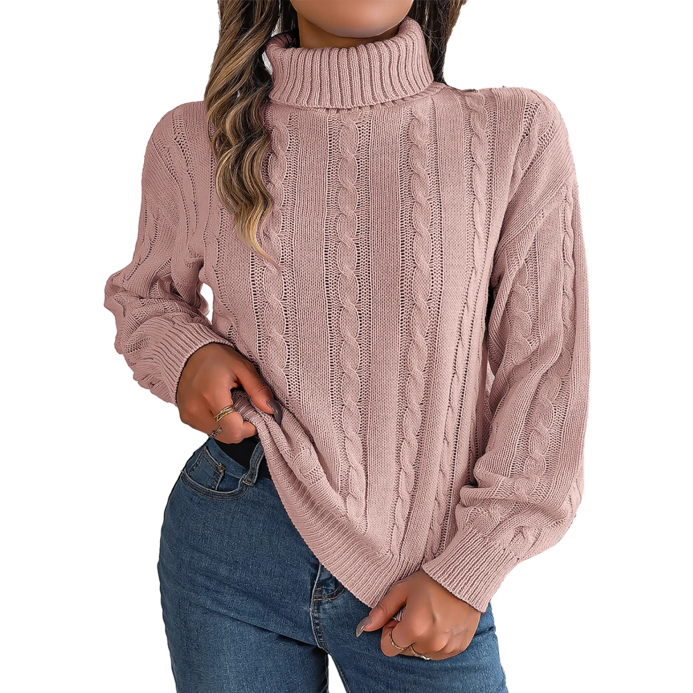 Turtleneck Cable Knit Sweater Plain Color Drop Shoulder Long Sleeve Knitted Sweater for Women Pink L