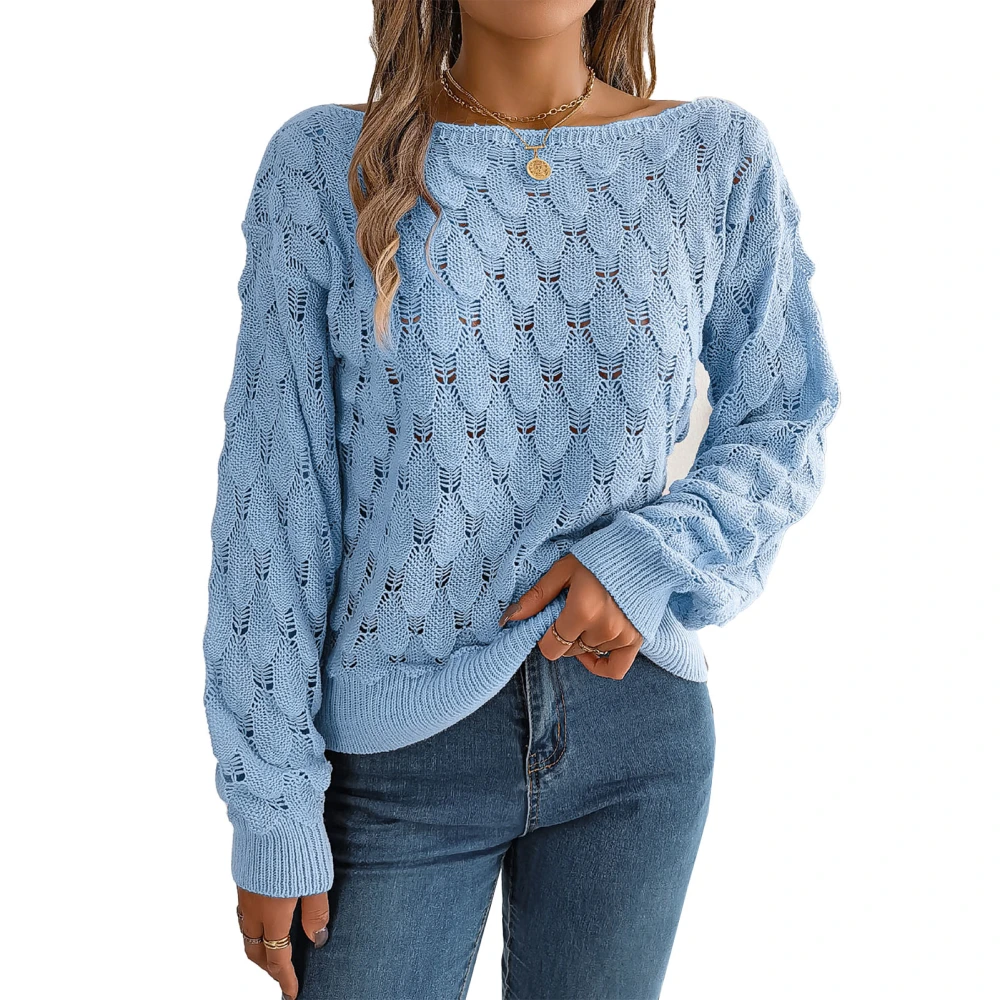 Women Hollow Sweater One Shoulder Relax Fit Cozy Long Sleeve Pullover Knit Sweater Blue M