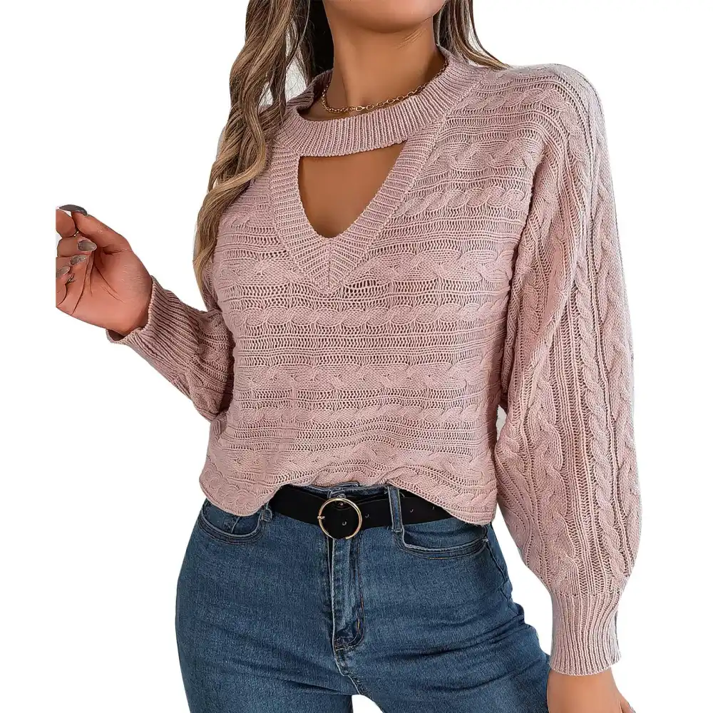 Long Lantern Sleeve Sweater Women Stylish Plain Color Crewneck Cutout Pullover Cable Knit Shirt Top Pink L