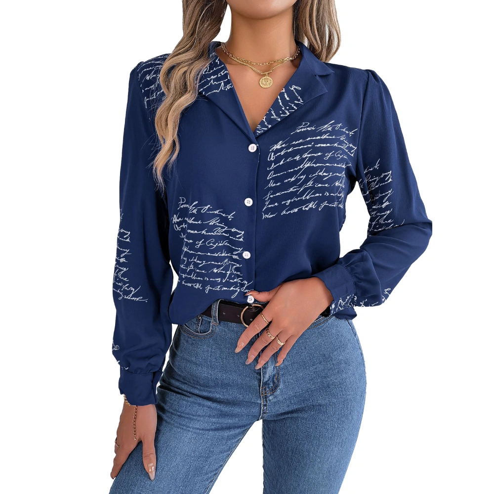 Women Long Sleeve Letter Print Shirt Casual Fashionable Turn Down Collar Button Up Blouse Top for Work Dark Blue S