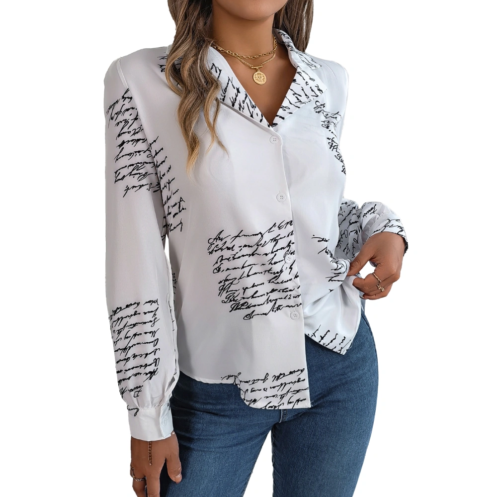 Women Long Sleeve Letter Print Shirt Casual Fashionable Turn Down Collar Button Up Blouse Top for Work White L