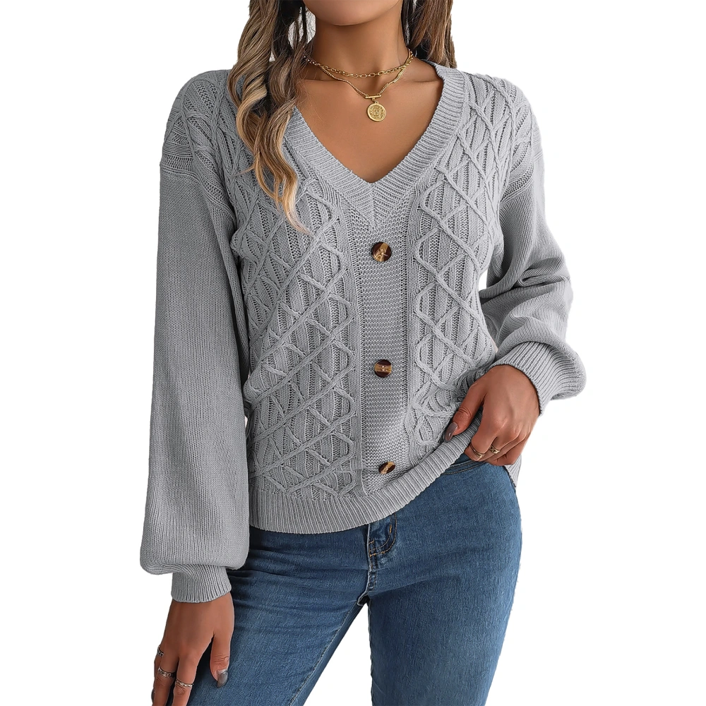 Long Lantern Sleeve V Neck Sweater Women Drop Shoulder Button Decor Pullover Cable Knit Shirt Top Gray S