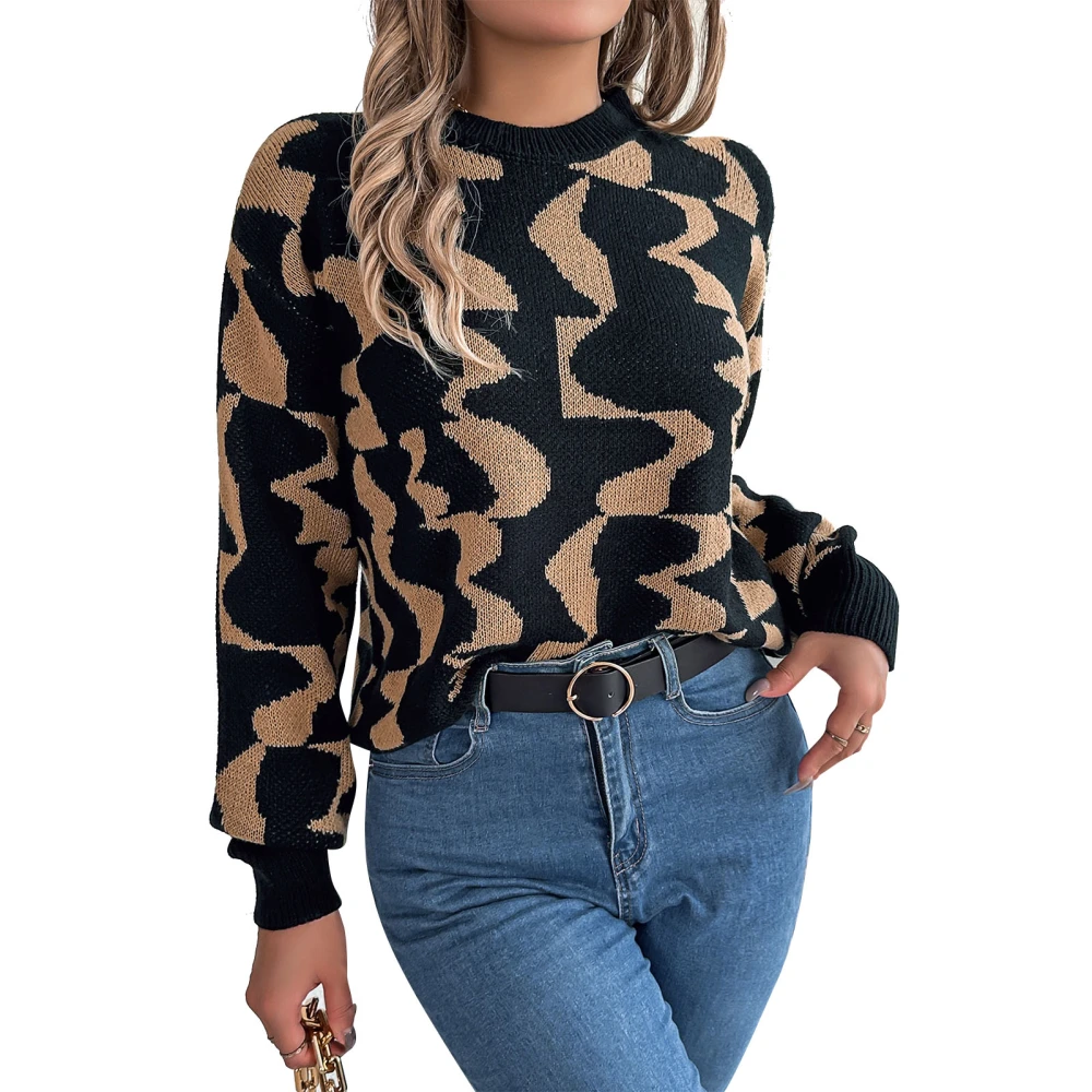 Women Color Block Sweater Long Sleeve Round Neck Drop Shoulder Fashionable Casual Knit Pullover Top Khaki L