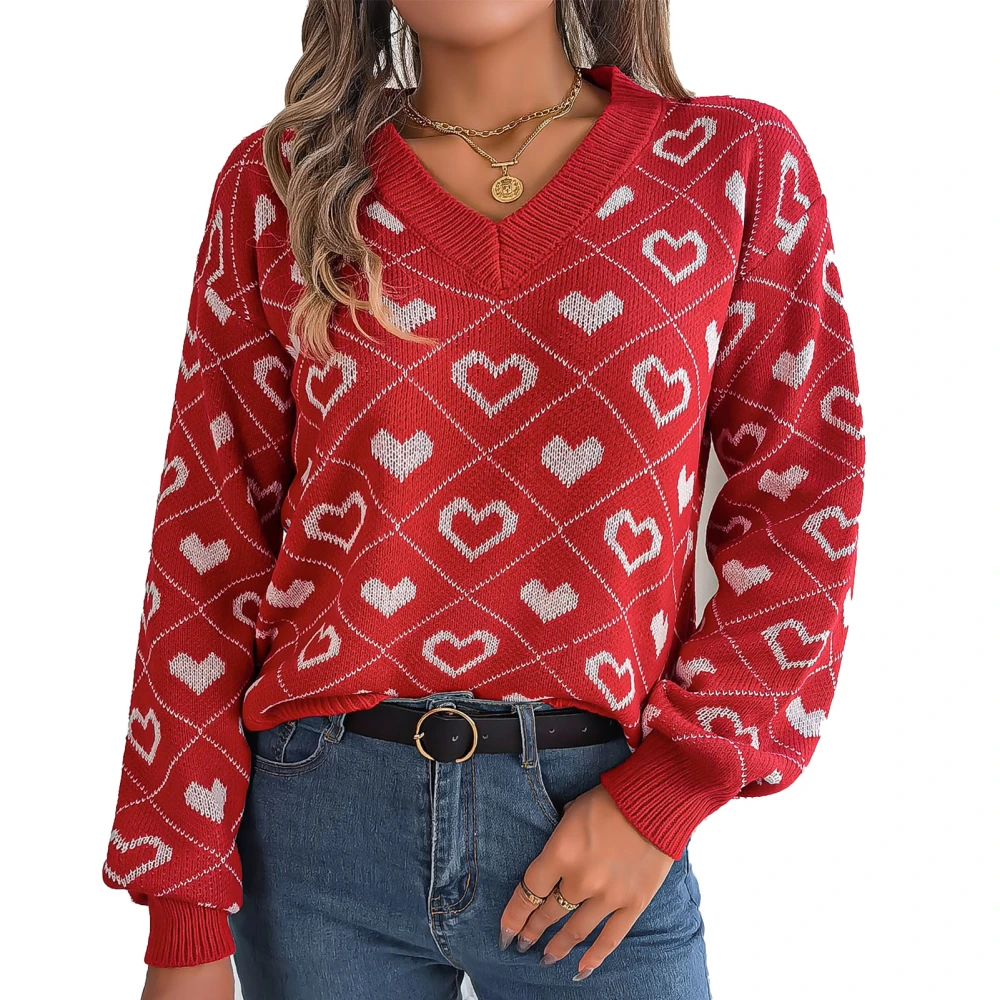 Women Sweater V Neck Drop Shoulder Stylish Heart Pattern Pullover Knitwear for Dating Work School Red S