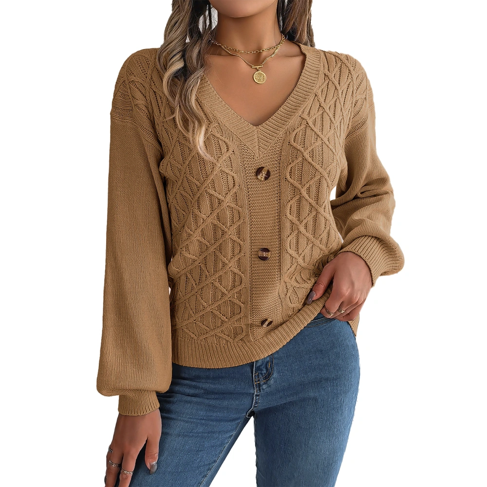 Long Lantern Sleeve V Neck Sweater Women Drop Shoulder Button Decor Pullover Cable Knit Shirt Top Khaki L