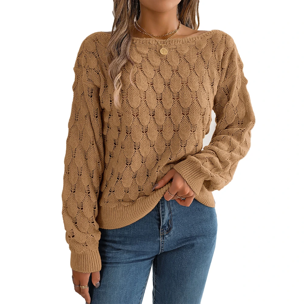 Women Hollow Sweater One Shoulder Relax Fit Cozy Long Sleeve Pullover Knit Sweater Khaki S