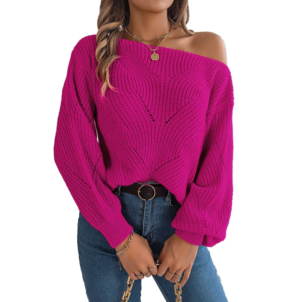 Women Off Shoulder Knit Pullovers Loose Long Sleeve Cable Knit Oversized Sweaters Tops Rose Red M