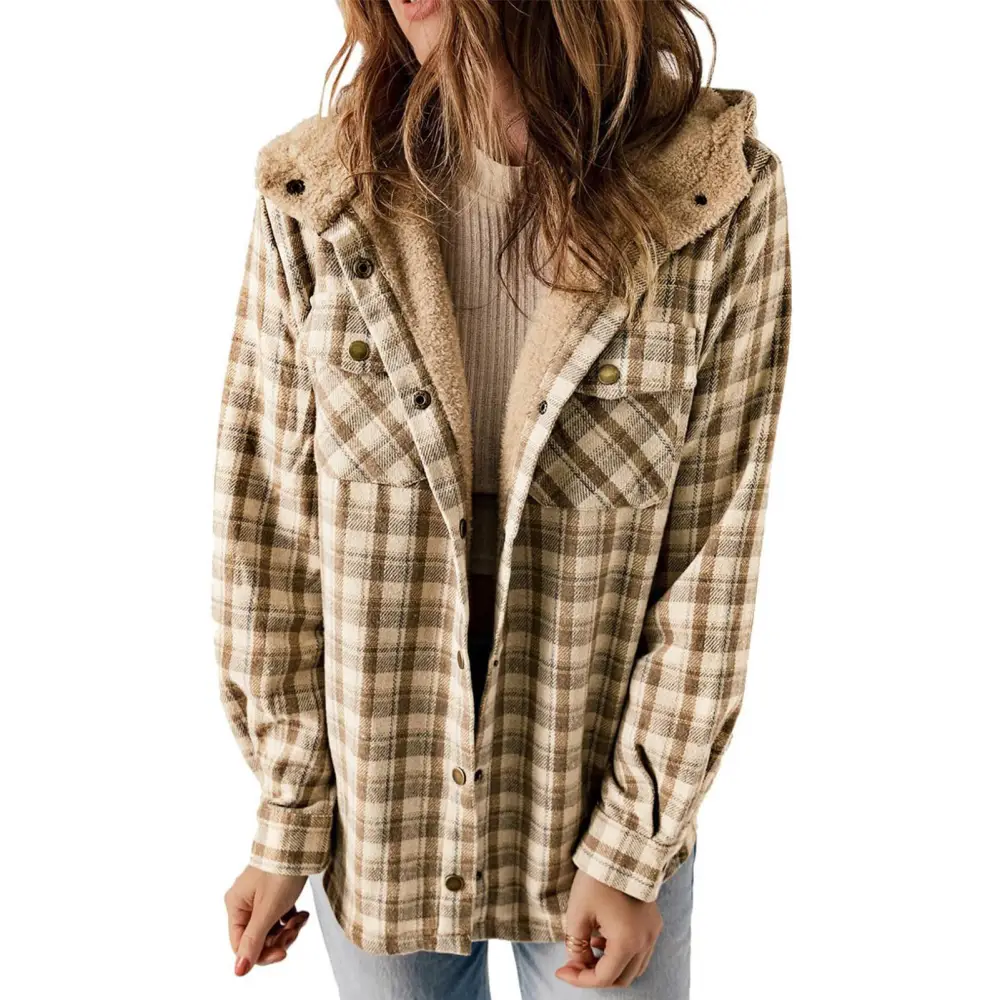 Women Fleece Hooded Shacket Plaid Long Sleeve Button Up Fashion Hoodie Shirt Jacket Apricot M