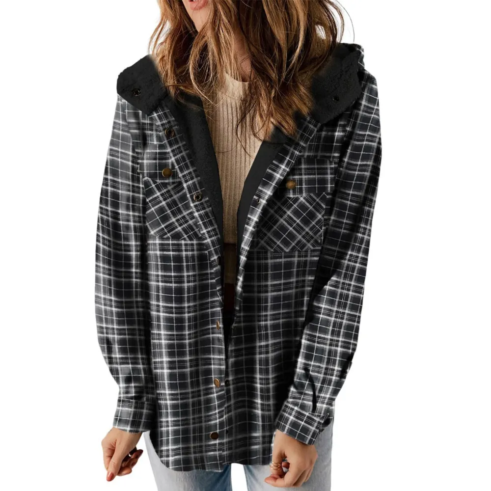 Women Fleece Hooded Shacket Plaid Long Sleeve Button Up Fashion Hoodie Shirt Jacket Black XL