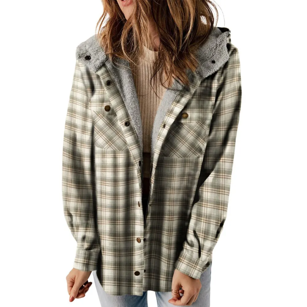 Women Fleece Hooded Shacket Plaid Long Sleeve Button Up Fashion Hoodie Shirt Jacket Green XL