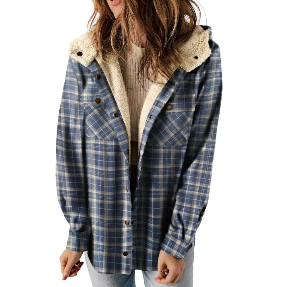 Women Fleece Hooded Shacket Plaid Long Sleeve Button Up Fashion Hoodie Shirt Jacket Blue S