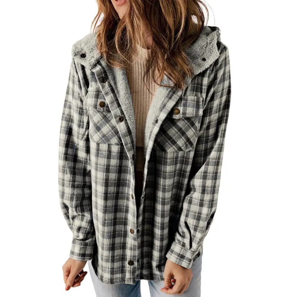 Women Fleece Hooded Shacket Plaid Long Sleeve Button Up Fashion Hoodie Shirt Jacket Gray XL