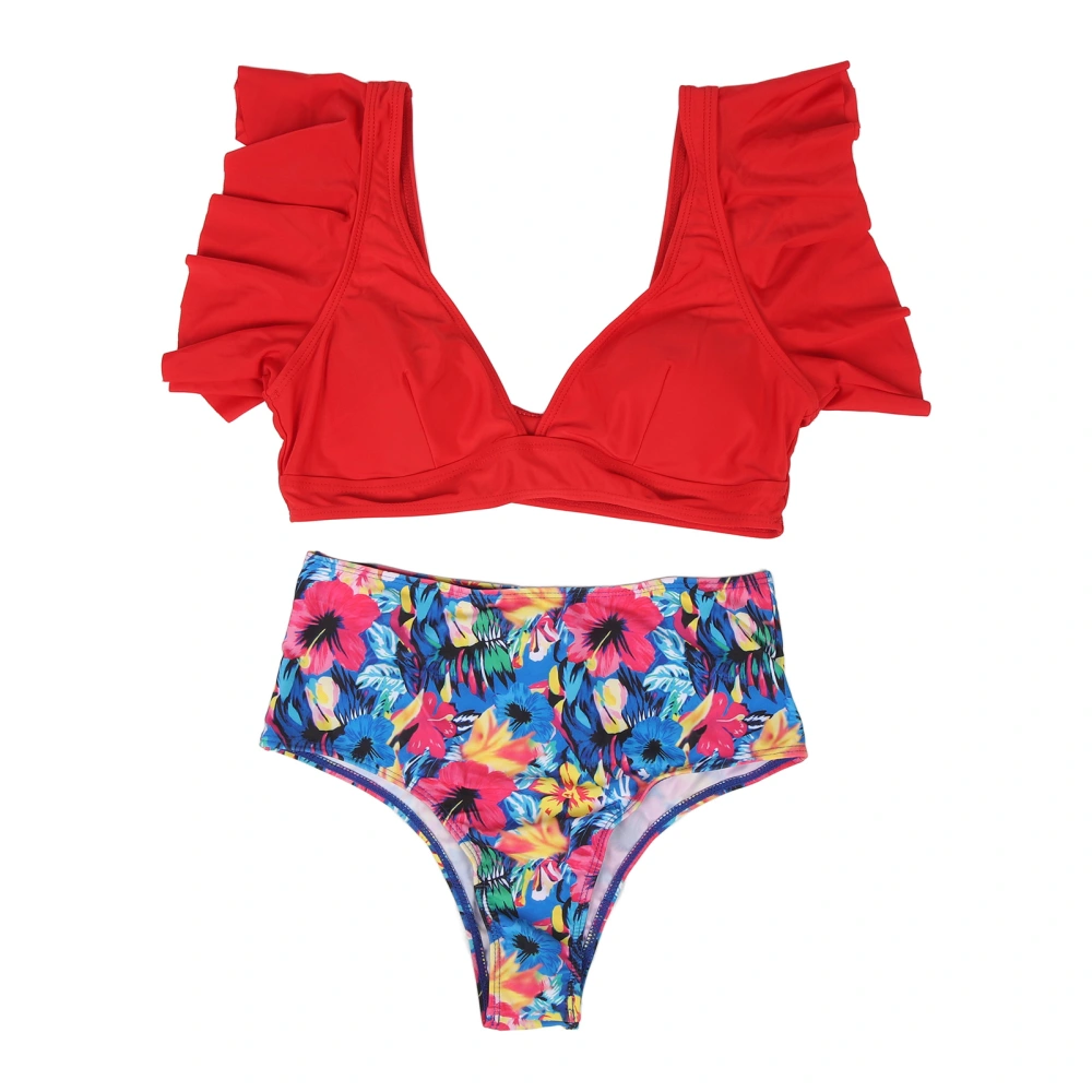 Women Bikini Swimsuit Flower Printing Wide Straps Low Cut 2 Pieces Bathing Suit for Summer Red L