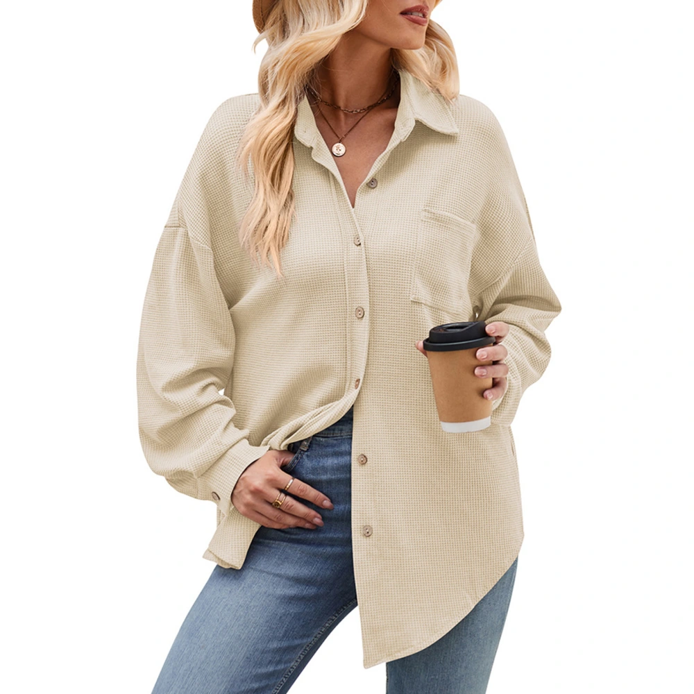 Women Long Button Up Shirt Casual Fitted Long Sleeve Front Pocket Female Long Tee Shirt Beige XXL