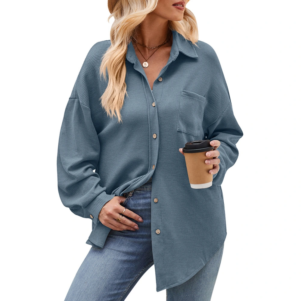 Women Long Button Up Shirt Casual Fitted Long Sleeve Front Pocket Female Long Tee Shirt Blue S